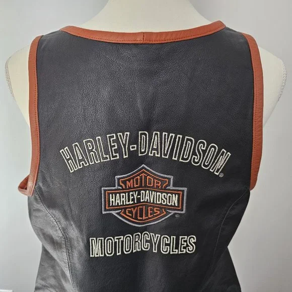 HARLEY DAVIDSON black VEST motorcycle GENUINE LEATHER pockets ZIPPER biker ORANG - Picture 8 of 15
